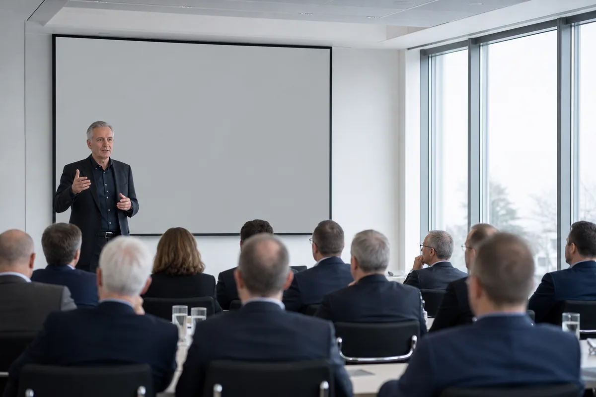 Senior speaker addressing a group of industrial executives in a conference room.