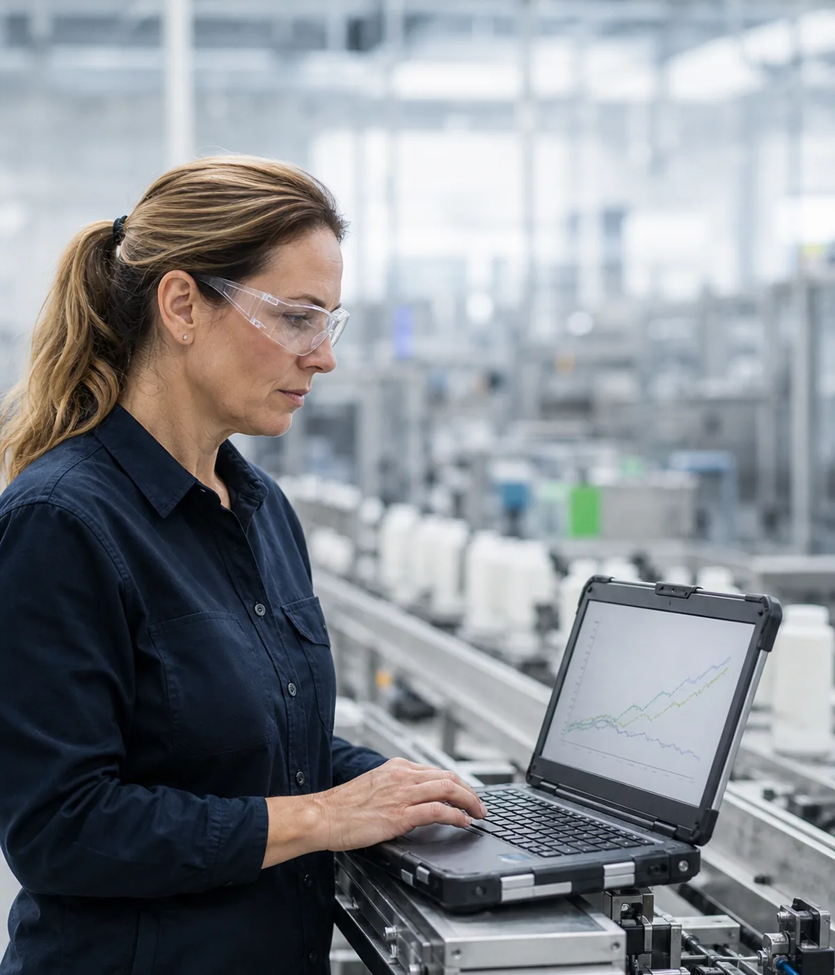 Engineer reviewing production data beside an automated manufacturing line.