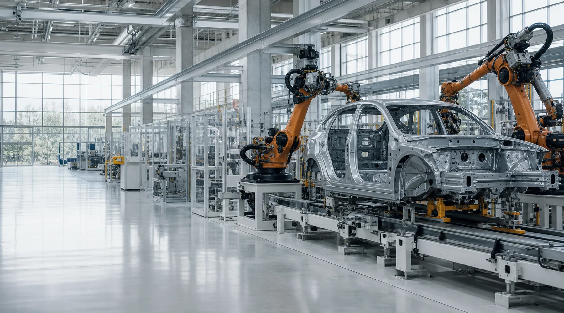 Automated aerospace assembly line with robotic drilling and inspection stations.